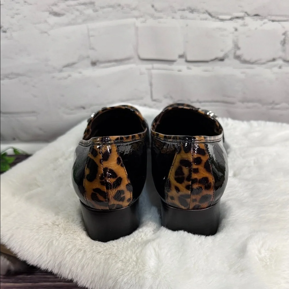 Brighton Actor patent leather loafers in‎ black with leopard print trim EUC